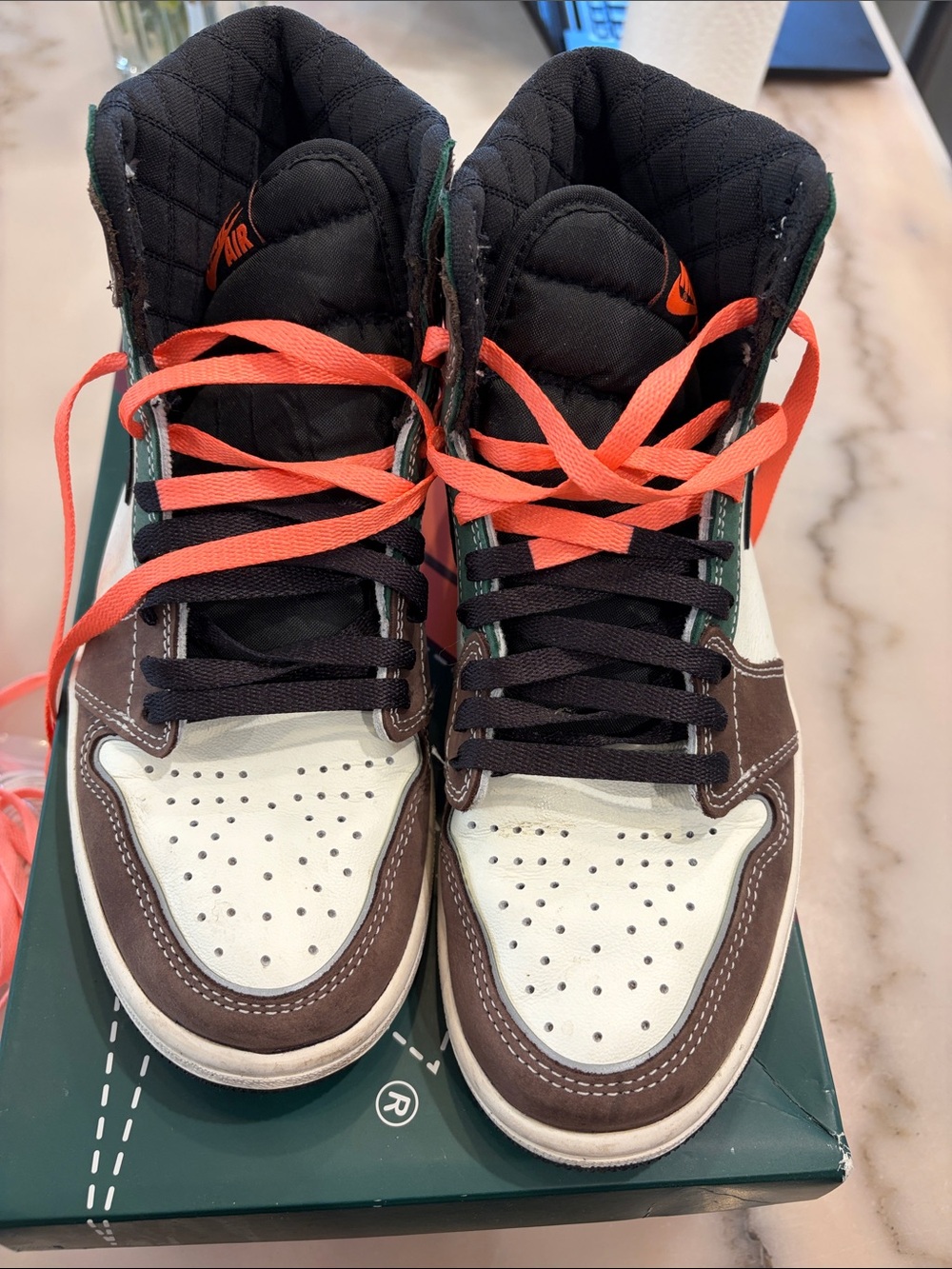 Nike High-Top Sneakers in White, Brown & Black with Coral Laces